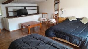 乌拉圭河畔康塞普西翁Duplex en el centro de Concepción del Uruguay的一间卧室配有两张床、一张桌子和一台电视。
