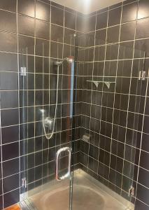 汉密尔顿CBD Apartment, River View的浴室设有黑色瓷砖淋浴。