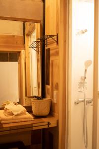 京都六根ゲストハウス Rokkon guest house的浴室的柜台配有镜子和水槽
