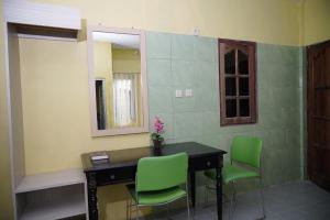 RanduguntingOmah Bogem Homestay Syariah的客房设有书桌和两张绿色椅子。