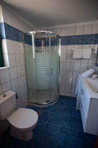 拉多斯Villa Calliope Lardos的带淋浴、卫生间和盥洗盆的浴室