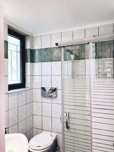 拉多斯Villa Calliope Lardos的一间带卫生间和玻璃淋浴间的浴室