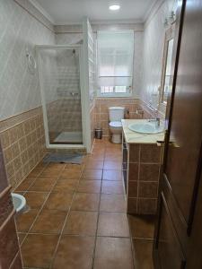 加的斯Villa Torrealta, 4000 m2, estancia mínima en verano 7 días de sábado a sábado的带淋浴、盥洗盆和卫生间的浴室