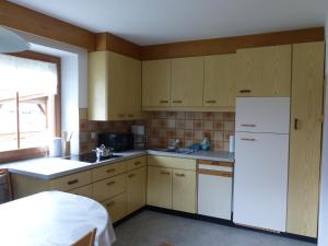 拉萨Apartment Telser的厨房配有木制橱柜和白色冰箱。