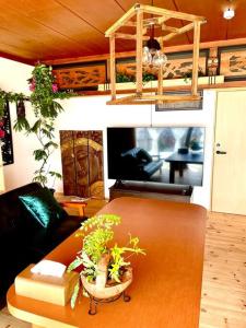 长野一棟貸し切り バリの雰囲気を楽しめる古民家vintagehouse1925Bali的客厅配有沙发和植物桌子