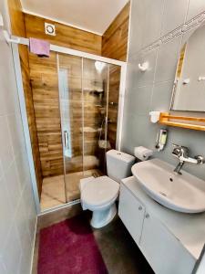 卡尔维亚Dworek Karwia Wiosenna 8的浴室配有卫生间、盥洗盆和淋浴。