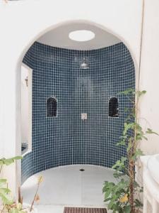 Ban DonNaturetalk Farmstay 3 bedrooms的带淋浴的浴室(带蓝色瓷砖墙)