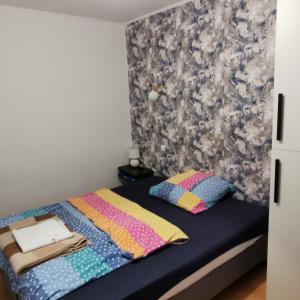 德兹维济诺Dom wczasowy Maja的小卧室配有带色彩缤纷枕头的床