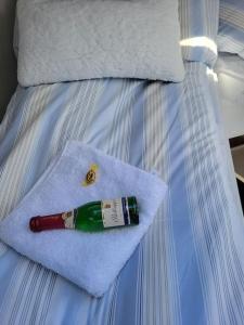 不莱梅Holländisches Kajütboot Nixe的床上毛巾上的一瓶香槟