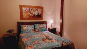 弗洛里亚努元帅镇Pousada Recanto Lisieux的一间卧室配有一张带色彩缤纷的被子和枕头的床。