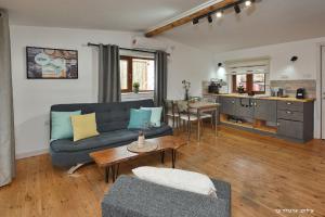 哈德内斯Suites Tuia的一间带蓝色沙发的客厅和一间厨房