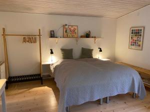 维堡Idyllically Located Wooden House By The Forest, 2的一间卧室配有一张大床和两盏灯。