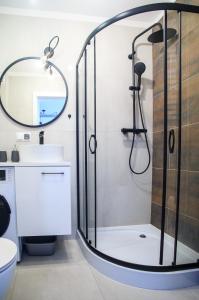 萨诺克Studio dla Dwojga的带淋浴、水槽和卫生间的浴室
