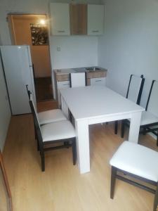 弗拉西纳里德Vila Vlasina的厨房里配有白色的桌椅