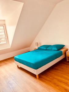 法兰西堡LOFT T2 en couleur en plein centre ville Fort-De-France Martinique的一间卧室配有一张带蓝色床单的床和一扇窗户。