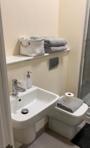 罗瑟勒姆Two Bed Town Apartment的浴室配有盥洗盆、卫生间和毛巾。