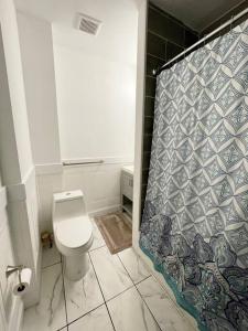 费城2bd Spacious S. Philly Row-House, Wi-Fi & 1.5 bath的一间带卫生间和淋浴帘的浴室