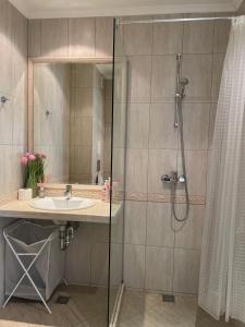 瓦尔纳Deluxe Apartment Varna South Bay Beach Residence的带淋浴和盥洗盆的浴室
