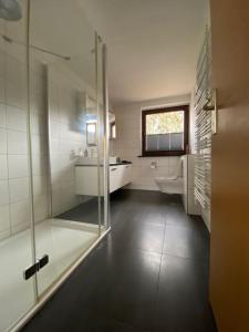 施特拉尔松德geräumiges 120m² Haus mit Garten + Stellplatz的一间带玻璃淋浴和水槽的浴室