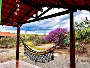 戈亚斯州上帕莱索Chalé Verde morro da baleia.的挂在紫色花亭上的吊床