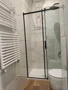 米兰Lucania25的浴室设有玻璃淋浴间和卫生间