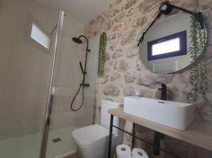 贝尔蒙特Apartamento rural "El Albarelo"的一间带水槽、淋浴和镜子的浴室