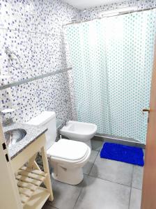 埃博森Cabaña Los Lúpulos的浴室配有卫生间、盥洗盆和淋浴。