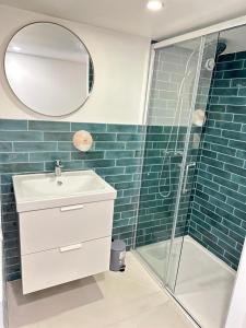 圣艾蒂安"Silk & Suites" City Center的浴室配有盥洗盆和带镜子的淋浴