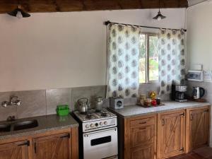 坦迪尔Casa de campo rústica的厨房配有炉灶、水槽和窗户。