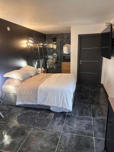 加龙河畔波泰Studio naturiste jacuzzi的一间卧室设有一张床和黑色的墙壁