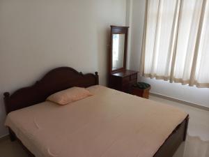 尼甘布The Anchorage Villa - Negombo的一间卧室配有一张带木制床头板和镜子的床