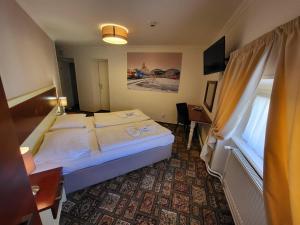 布拉格城市客栈的配有一张床、一张书桌和一扇窗户的酒店客房