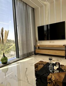 耶路撒冷Stylish and spacious 3BR apartment in the heart of Jerusalem! اهلا وسهلا的客厅配有大电视和桌子