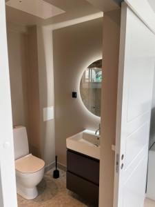 索伦蒂纳Apartment in Sollentuna Centrum 1205的一间带卫生间、水槽和镜子的浴室