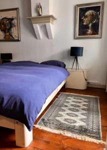 弗利辛恩Het Kasteeltje的一间卧室配有一张带蓝色毯子和地毯的床。