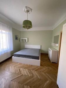 尤尔马拉Guest house, Jūrmala的一间卧室配有一张床和一个吊灯