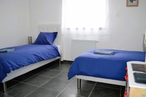 库尔瑟勒·苏尔·梅尔La Mer Veille, maison neuve avec jardin的一间卧室设有两张带蓝色床单的床和窗户。