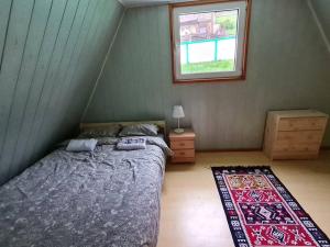 佩鲁恰茨Green House with Lake View的一间卧室设有床、窗户和地毯。