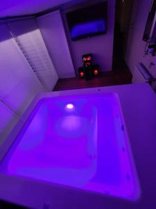 别德马Alquilo Casa Luminosa y Amplia en Viedma的带电视的客房内的紫色浴缸