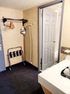 班戈Bangor Grande Hotel的客房设有带淋浴的浴室和门。