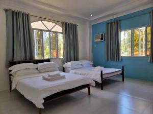 LilaBretthouse Tourist Inn的配有两张床铺的蓝色墙壁和窗户