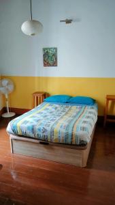 埃尔帕索Hostel Albergue La Casa Encantada的一间卧室配有一张带蓝色枕头的床
