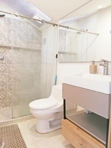波帕扬Habitación en penthouse en el centro histórico的浴室配有卫生间、盥洗盆和淋浴。