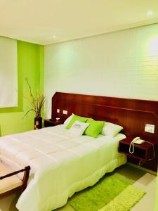 卢戈Motel Montecarlo的卧室配有白色大床和绿色墙壁