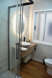 阿尔苏阿REGO DA RAÑA APARTMENTS的一间带水槽和玻璃淋浴的浴室