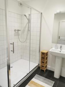 兰德林多德威尔斯Clock Tower Apartment的带淋浴和盥洗盆的浴室