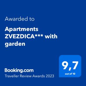 赞布雷提亚Apartments ZVEZDICA*** with garden的蓝色的屏幕,上面的文本被授予有花园的Zevga申请人