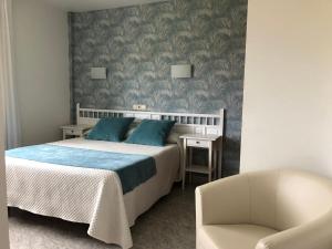 阿兰扎达佛罗里达酒店的一间卧室配有一张带蓝色枕头的床和一把椅子
