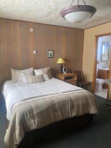 格伦纳伦Tolsona Lake Lodge的一间带大床的卧室和一间浴室