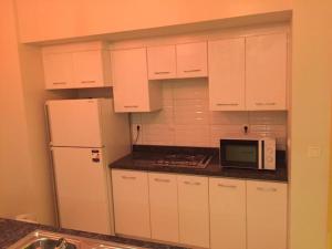 亚历山大Lovely 3-bedroom vacation home -Marassi的白色的厨房配有冰箱和微波炉。